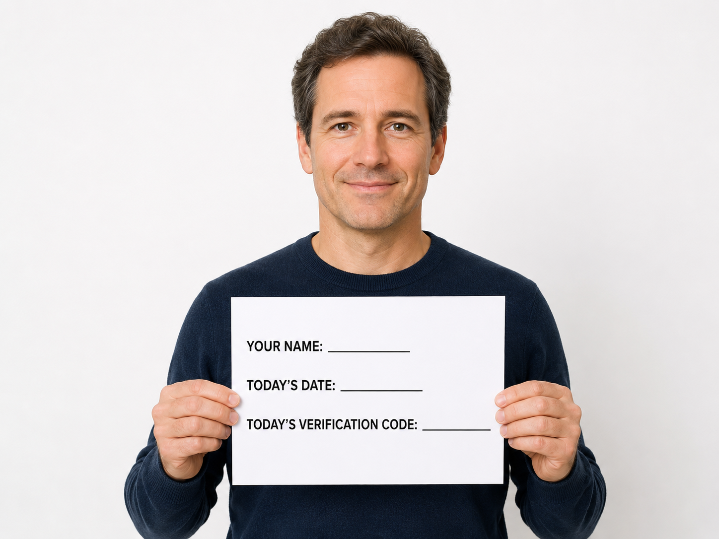 Example of a person holding a paper showing their name, today's date, and today's verification code while keeping their face visible